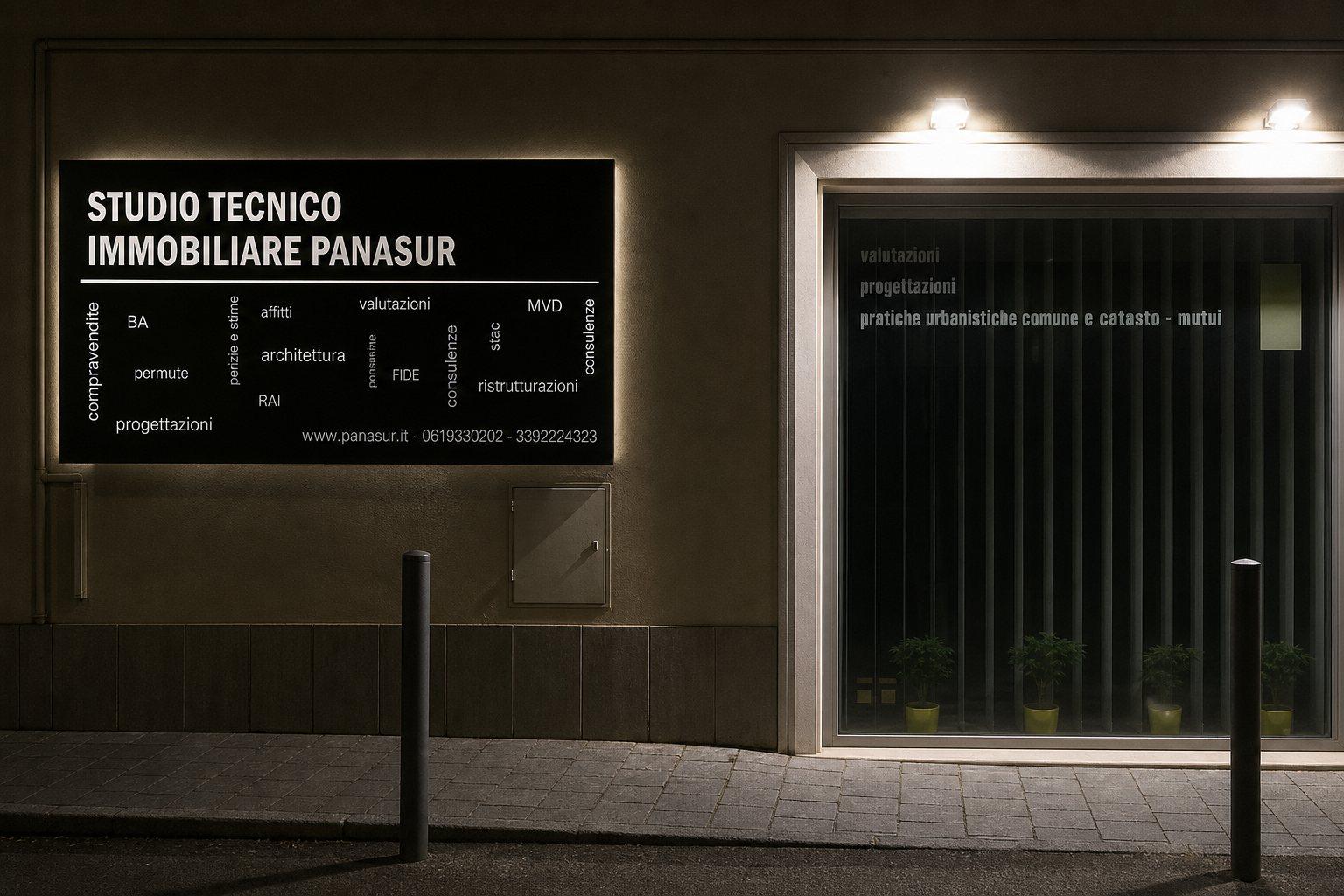 Insegna dello studio PANASUR illuminata di sera