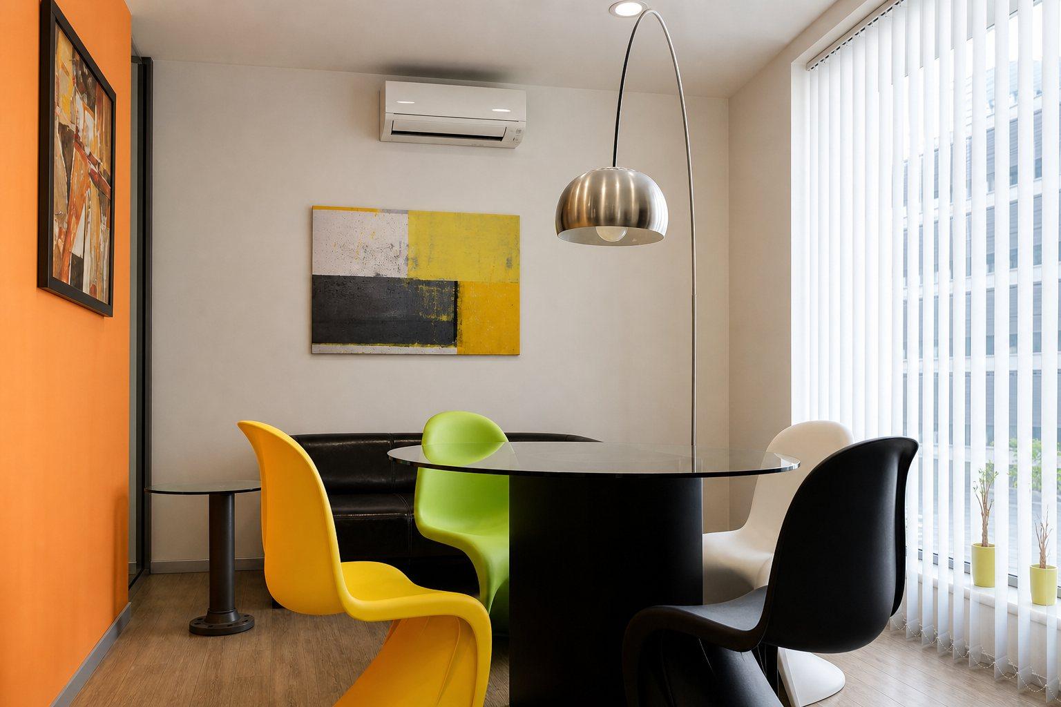 Sala di consulenza con tavolo in vetro e sedie Panton
