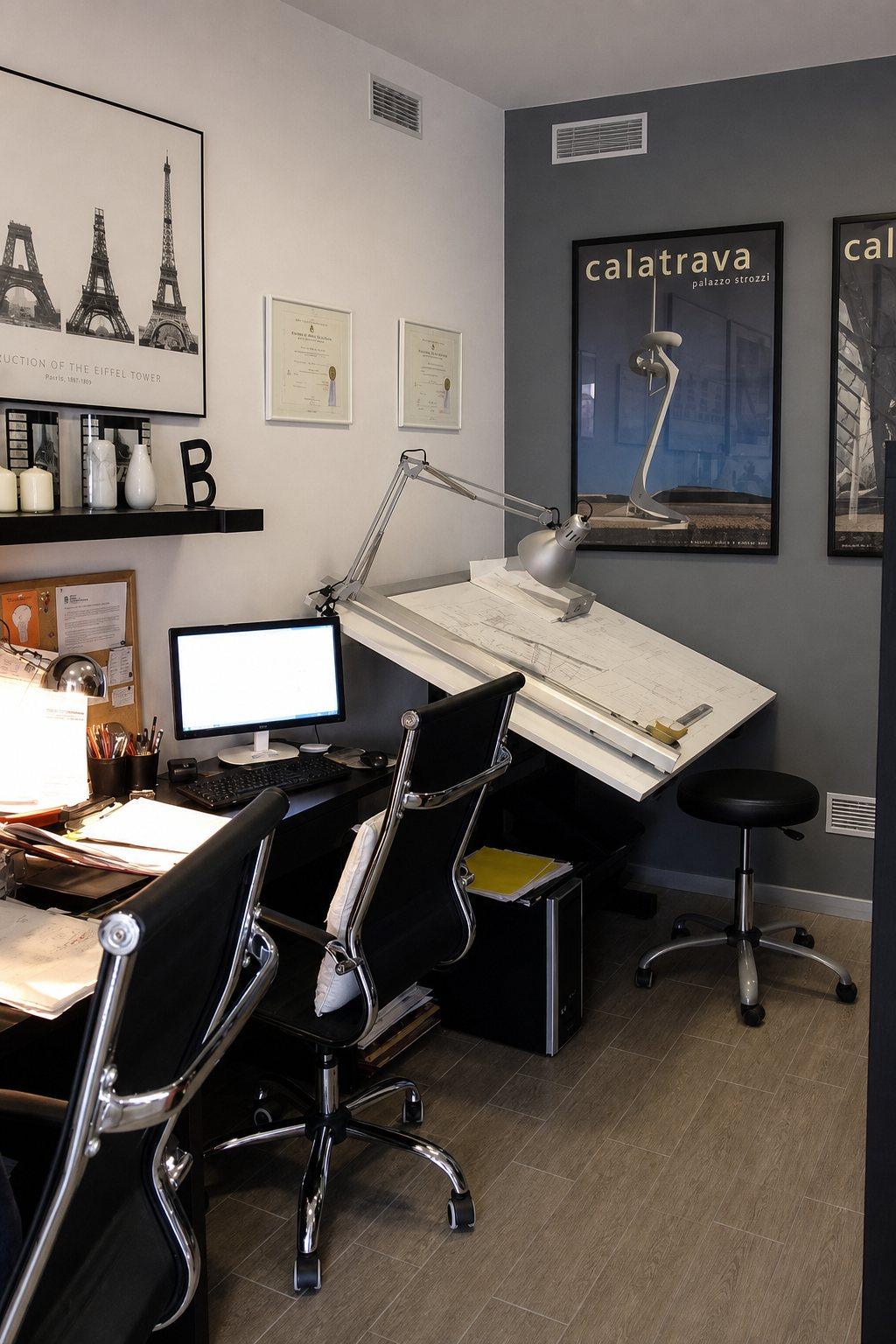 Tavolo da disegno e postazione di lavoro nello studio